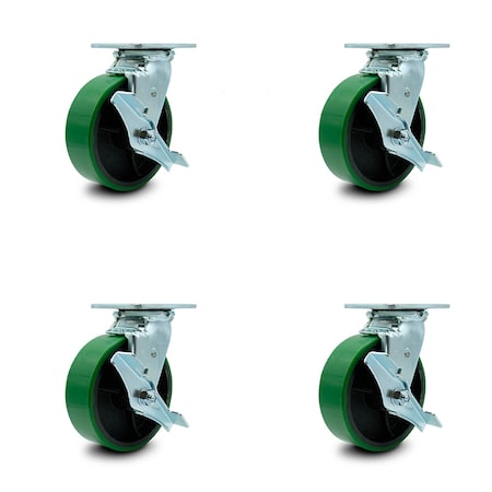 Service Caster 6 Inch Green Poly on Steel Caster Set with Ball Bearings and Brake/Swivel Lock SCC-30CS620-PUB-GB-TLB-BSL-4